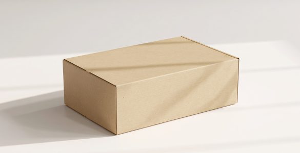 A cardboard product packaging box rests on a white table. The box has text that says "BOX MOCKUP" and "PACKAGE MOCKUP."