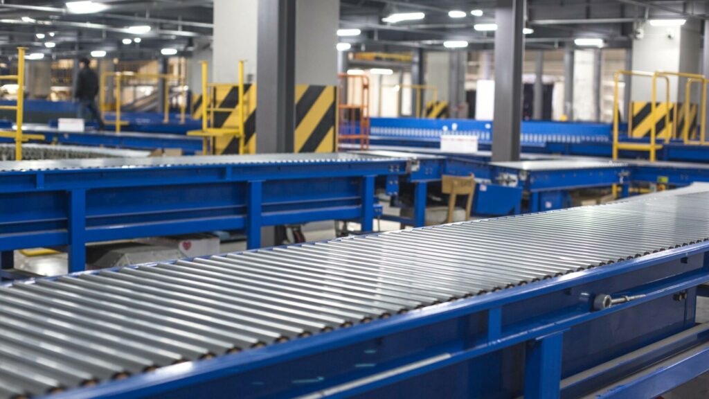 A warehouse rolling conveyor system designed for transporting crates.