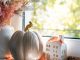 A window sill featuring an arrangement of autumn decor items, including a white vase of decorative grasses, a taupe ceramic pumpkin, and small white ceramic house.