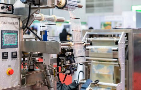 A pouch packaging machine feeding film from rollers, showing sealing components and panel on a factory floor.