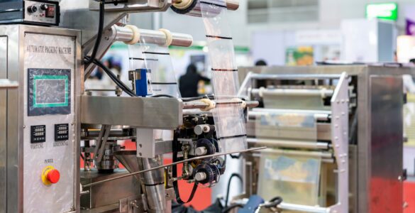A pouch packaging machine feeding film from rollers, showing sealing components and panel on a factory floor.