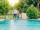 A man holding a long-handled net over a swimming pool in a backyard. There is a dog standing next to the man.